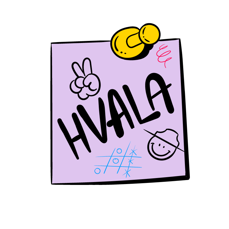 "Post-it" listič, ki je pripet na steno, na njem napis “HVALA”. Nakazuje nalogo 20. dne brezplačnega Kekec adventnega koledarja za otroke.