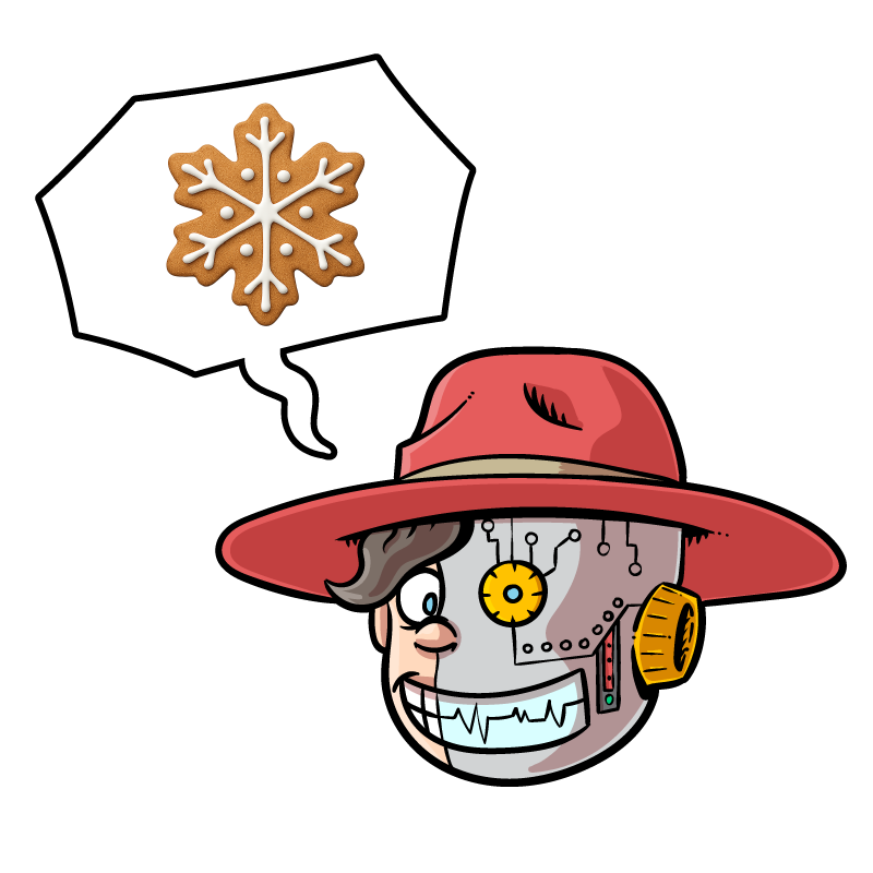 Ilustracija Kekca, ki ima obraz kot pol-robot, v oblačku nad glavo pa je lesena snežninka. Nakazuje nalogo 21. dne brezplačnega Kekec adventnega koledarja za otroke.